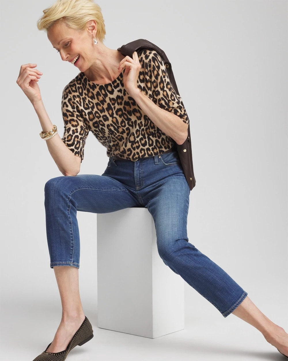 Chico's Signature - Cashmere Animal Elbow-Sleeve Pullover Camel