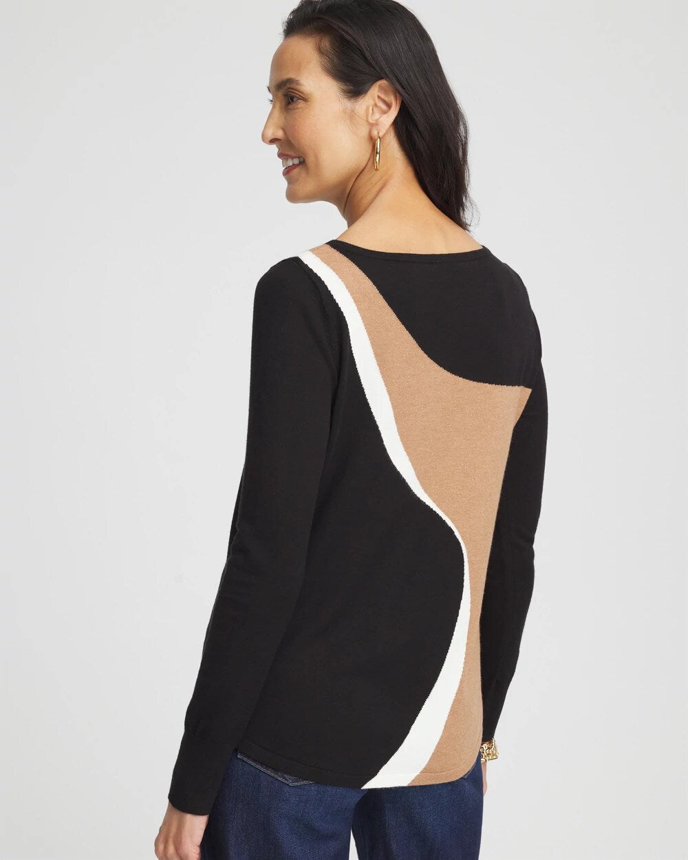 Chico's Latest - Intarsia Colorblock Bateau Neck Sweater Black