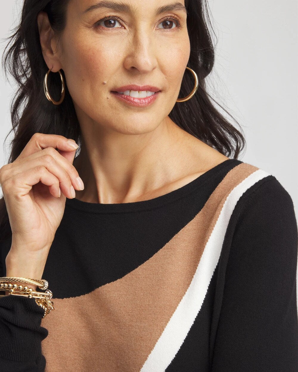 Chico's Latest - Intarsia Colorblock Bateau Neck Sweater Black