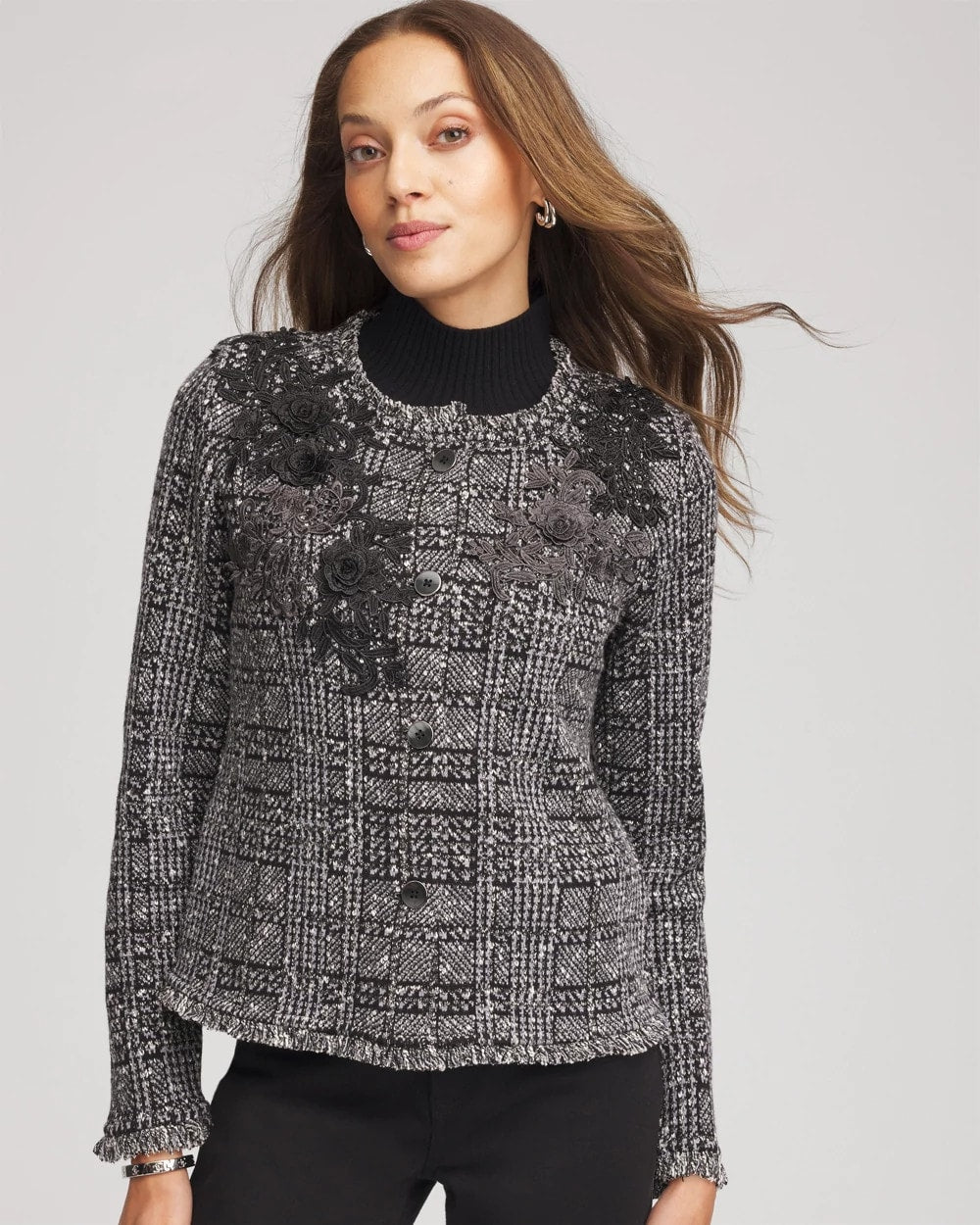 Chico's Value - Embroidered Metallic Tweed Cardigan Gray