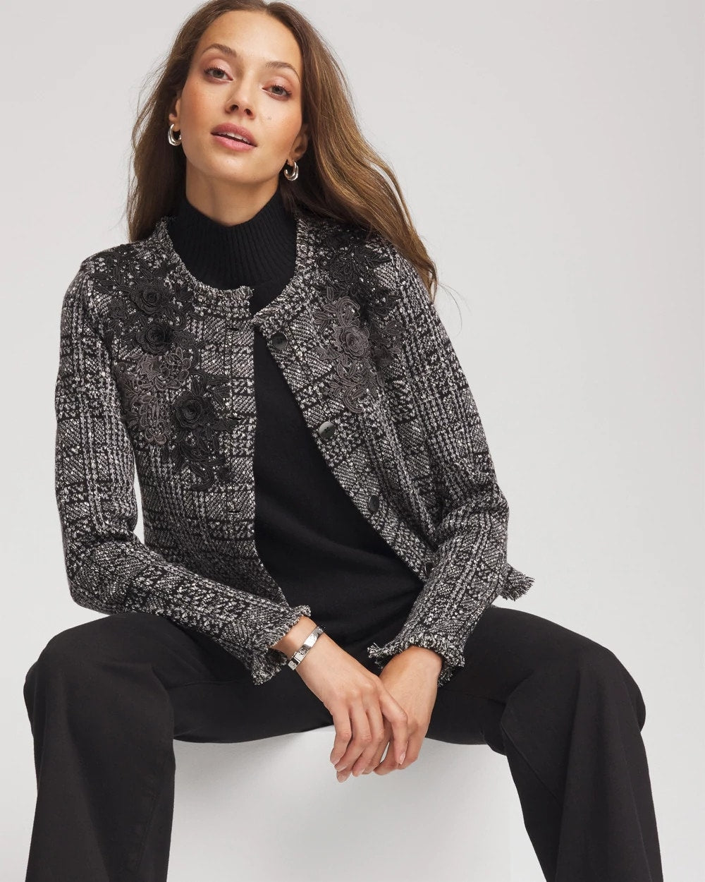 Chico's Value - Embroidered Metallic Tweed Cardigan Gray