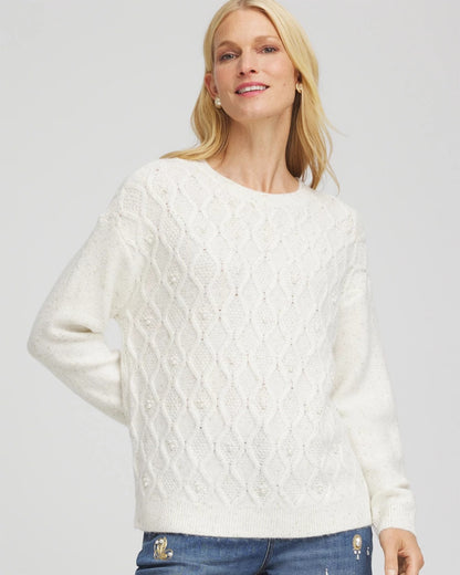 Chico's New - Embellished Cable Knit Sweater English Cream