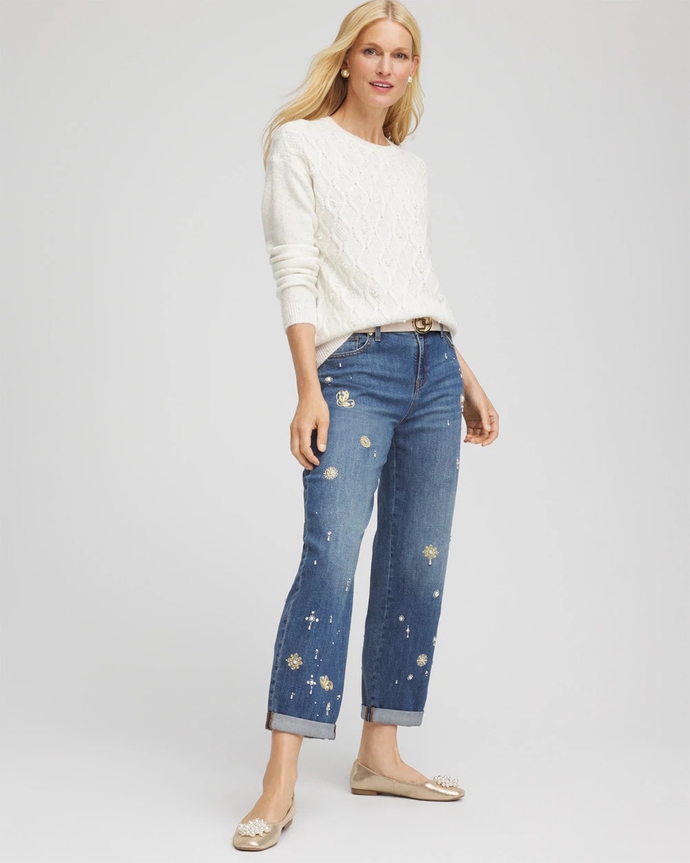 Chico's New - Embellished Cable Knit Sweater English Cream