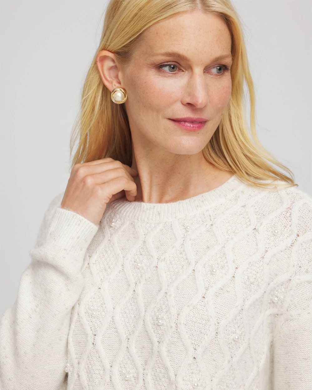 Chico's New - Embellished Cable Knit Sweater English Cream