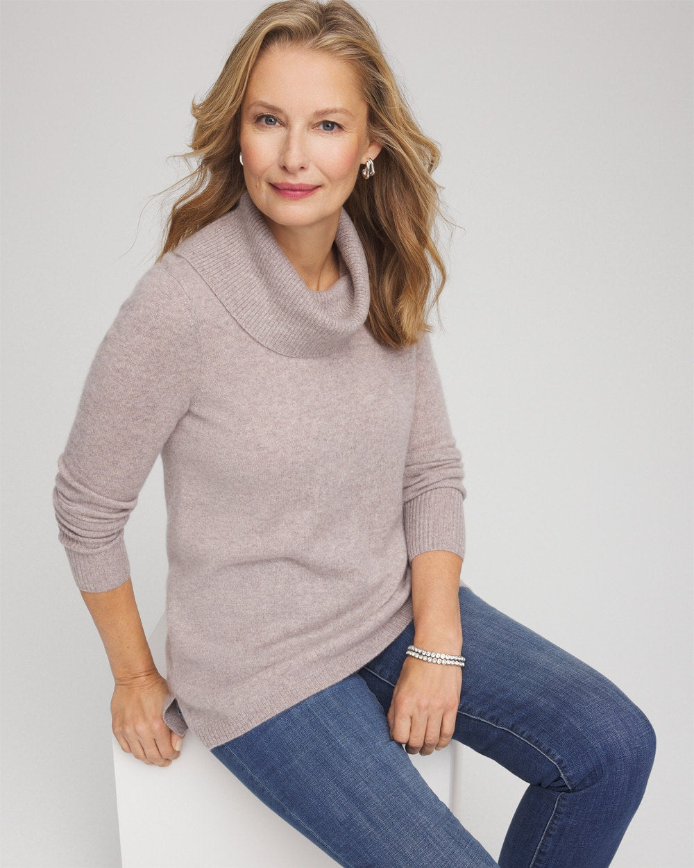 Chico's Recommended - Cowlneck Cashmere Pullover Tunic Taupe Heather