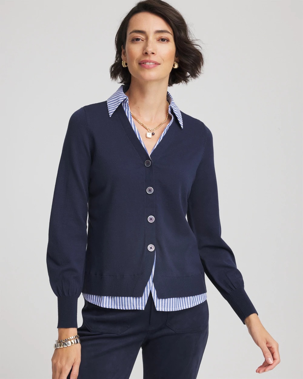 Chico's Sale - Striped Collared Cardigan Sweater Passport Blue