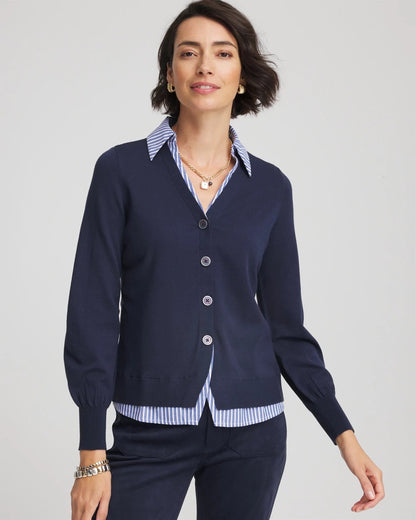 Chico's Sale - Striped Collared Cardigan Sweater Passport Blue