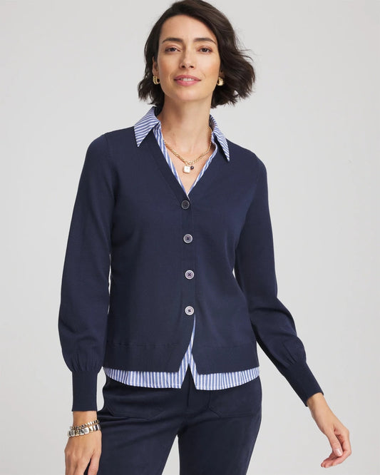 Chico's Sale - Striped Collared Cardigan Sweater Passport Blue