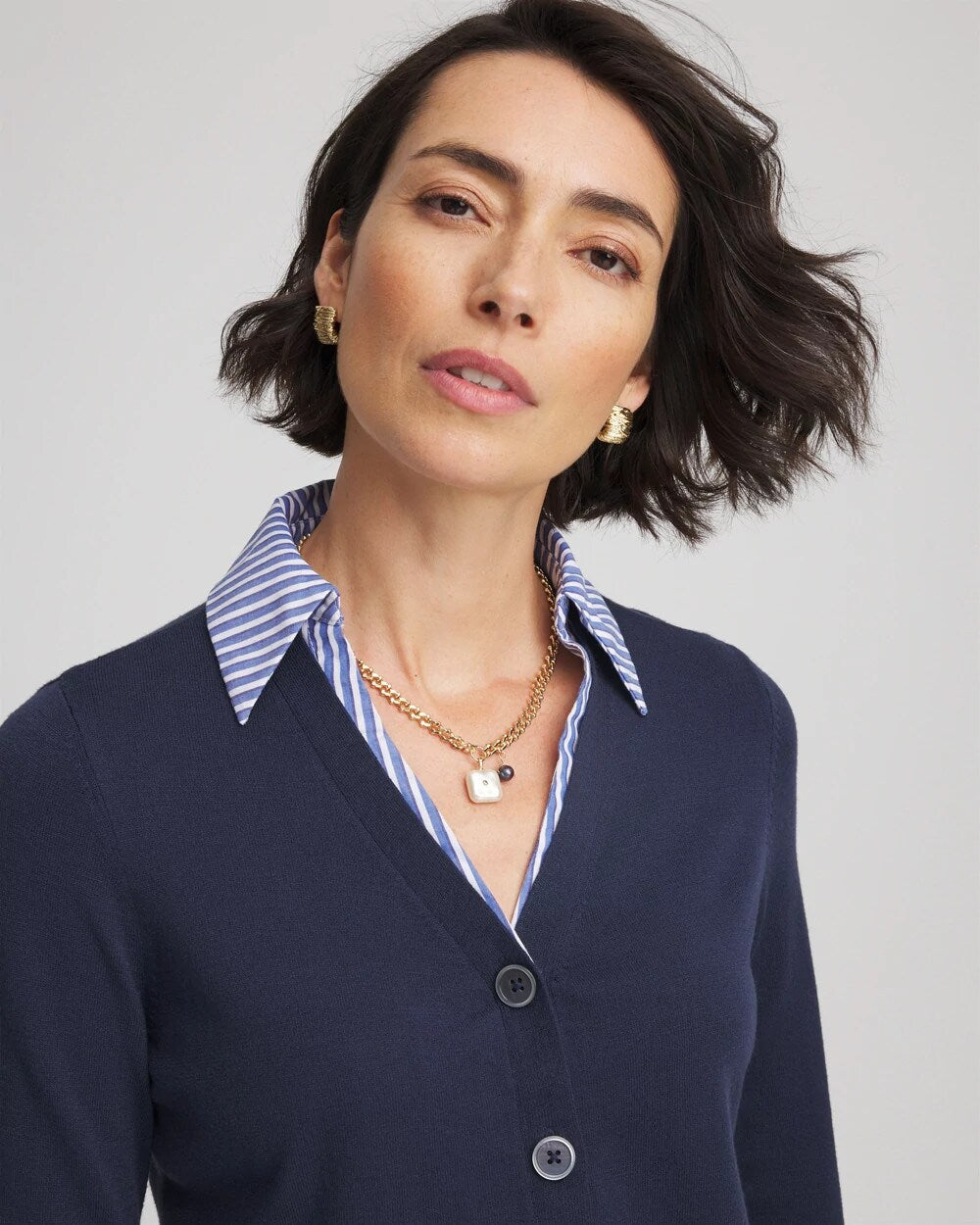 Chico's Sale - Striped Collared Cardigan Sweater Passport Blue