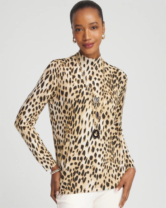 Chico's Special Offer - Ella Mockneck Animal-Print Pullover Sweater English Cream