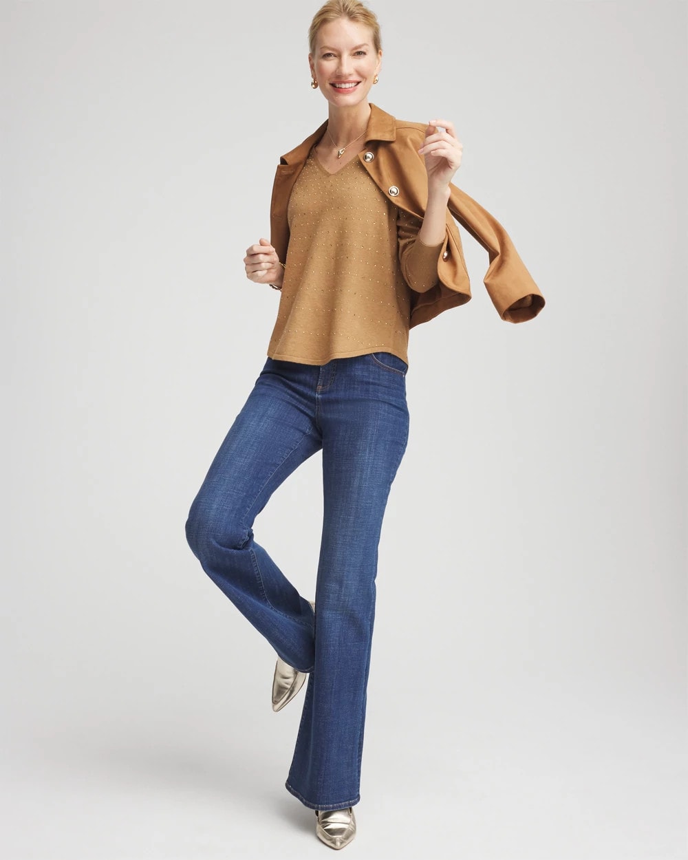 Chico's Smart Buy - Ella V-Neck Embellished Pullover Sweater Faux Camel Heather