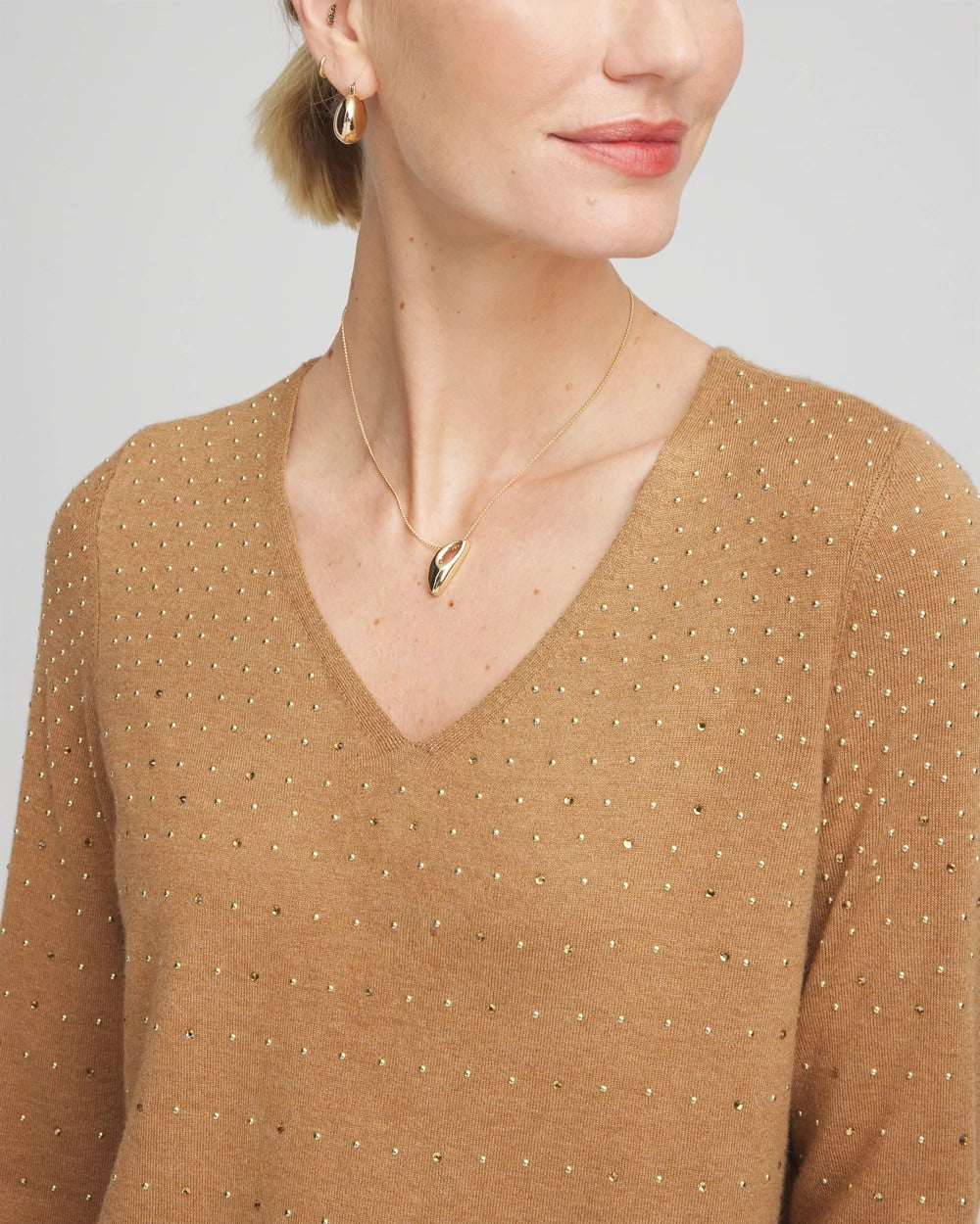 Chico's Smart Buy - Ella V-Neck Embellished Pullover Sweater Faux Camel Heather