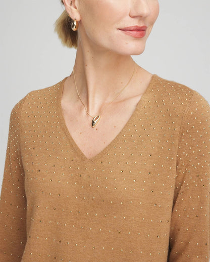Chico's Smart Buy - Ella V-Neck Embellished Pullover Sweater Faux Camel Heather
