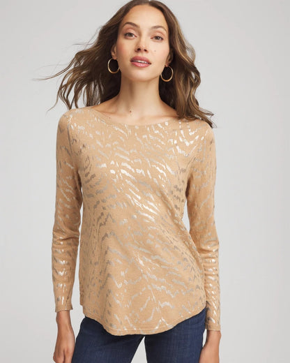 Chico's Premium - Ella Boatneck Foiled Pullover Sweater Faux Camel Heather