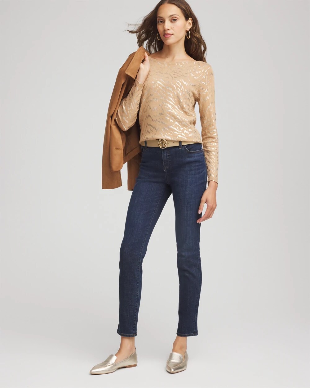 Chico's Premium - Ella Boatneck Foiled Pullover Sweater Faux Camel Heather