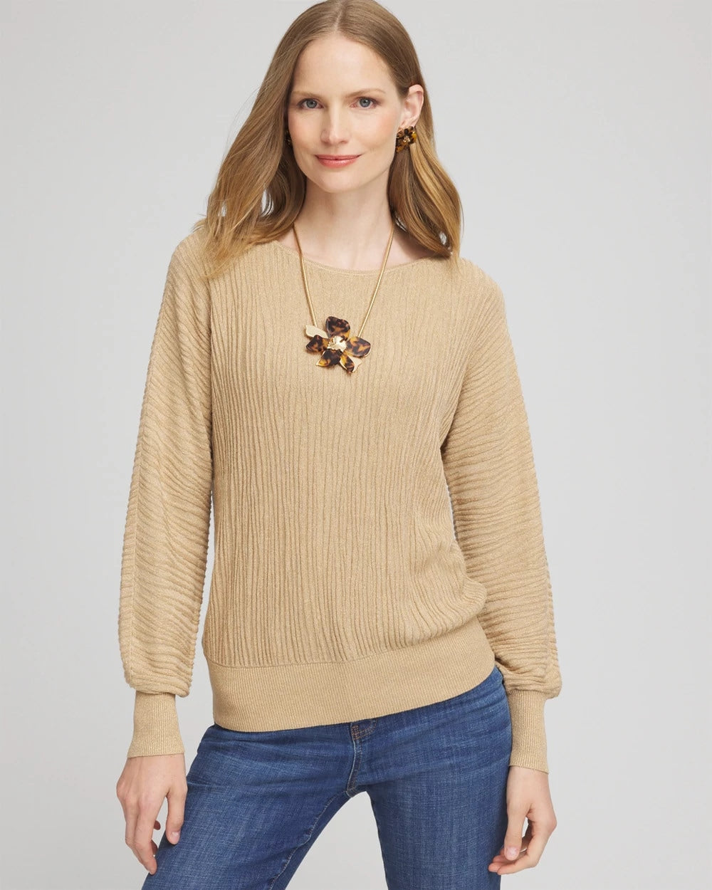 Chico's Trending - Textured Zebra Print Dolman Sleeve Sweater New Camel Heather