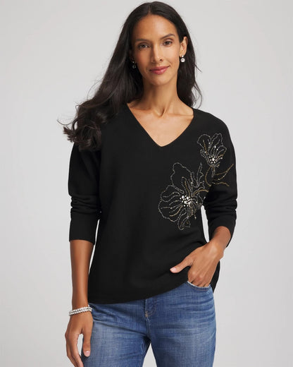 Chico's Discount - Floral Embellished Dolman V-Neck Pullover Black