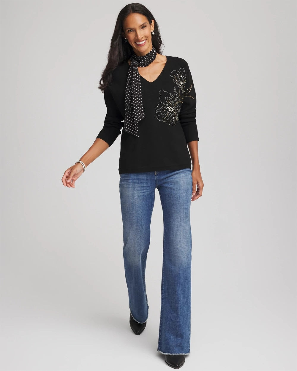 Chico's Discount - Floral Embellished Dolman V-Neck Pullover Black