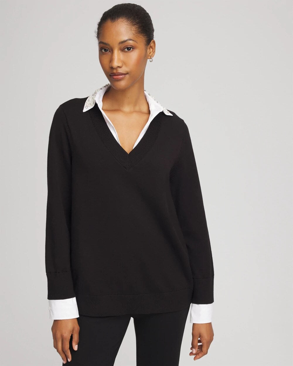 Chico's Best Price - Embellished Layered Collar Shirt Sweater Black