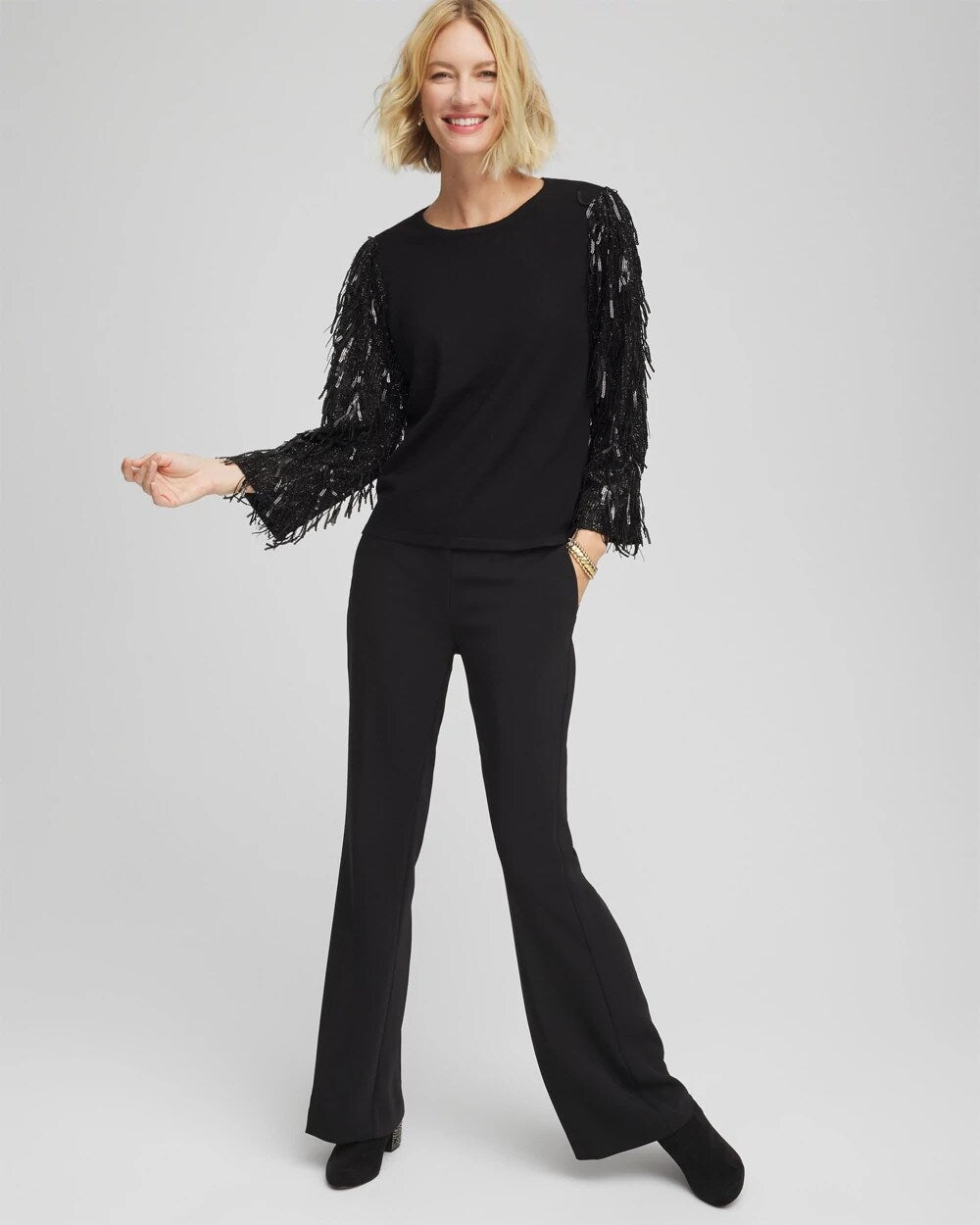 Chico's Latest - Fringe Sequins Pullover Sweater Black