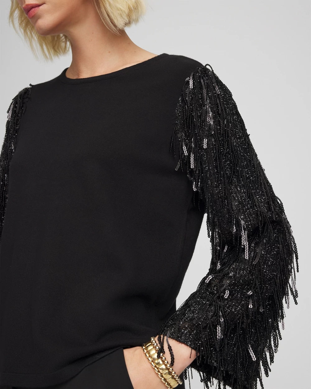 Chico's Latest - Fringe Sequins Pullover Sweater Black