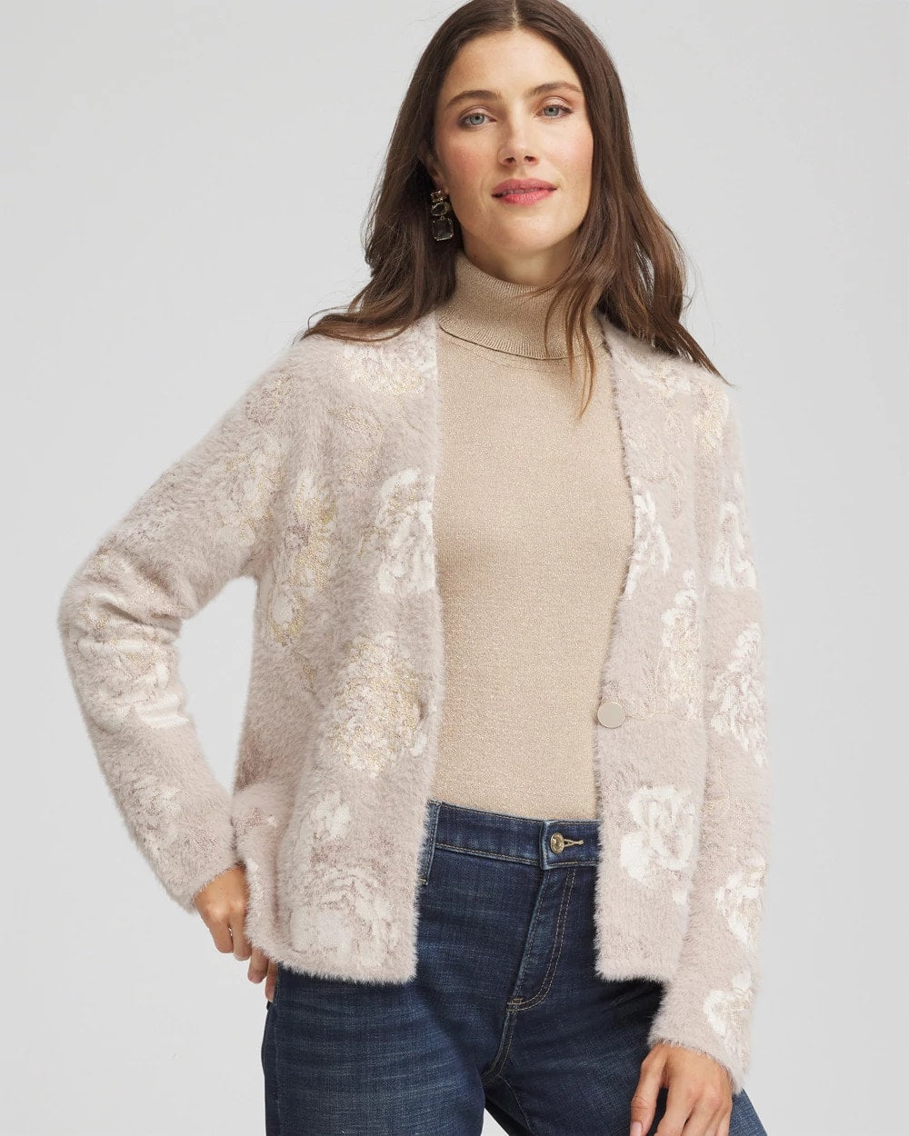 Chico's Latest - Fuzzy Jacquard Boyfriend Cardigan English Cream