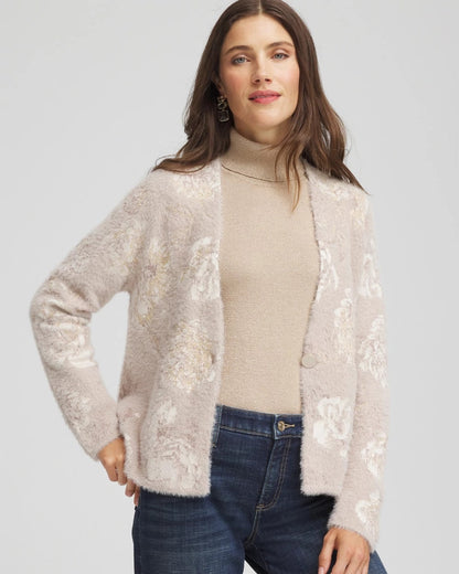 Chico's Latest - Fuzzy Jacquard Boyfriend Cardigan English Cream
