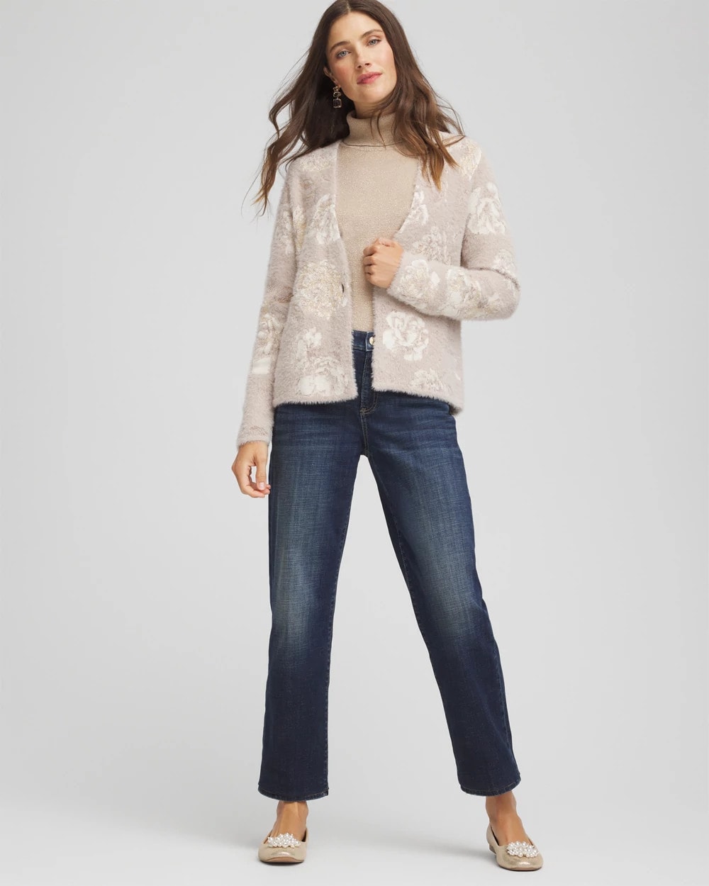 Chico's Latest - Fuzzy Jacquard Boyfriend Cardigan English Cream