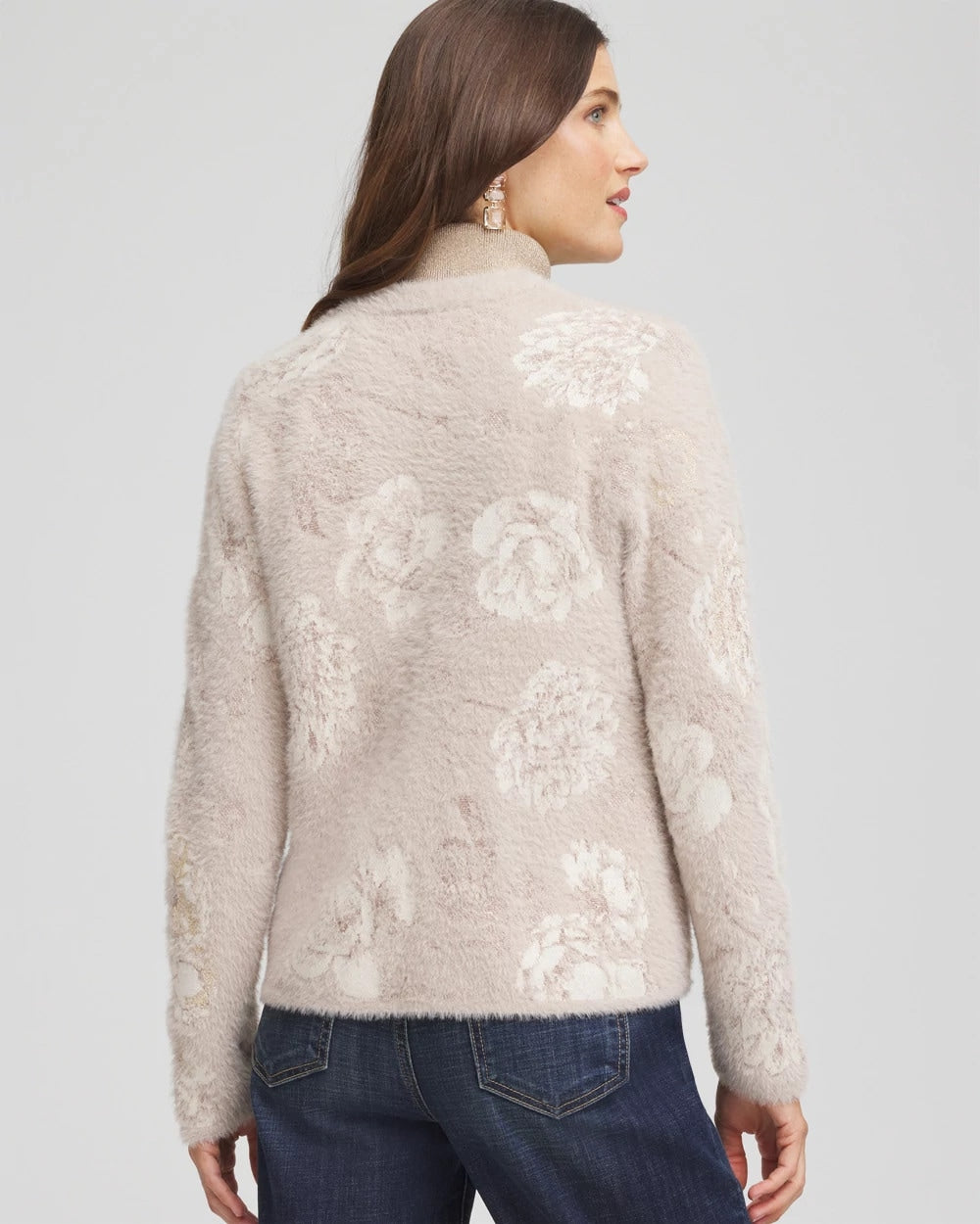 Chico's Latest - Fuzzy Jacquard Boyfriend Cardigan English Cream