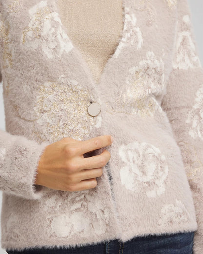Chico's Latest - Fuzzy Jacquard Boyfriend Cardigan English Cream