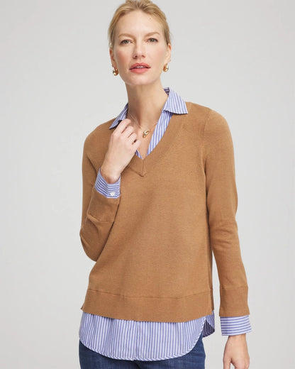 Chico's Top Pick - Camel Built-In Shirt Knit Sweater Caramel Apple Heather