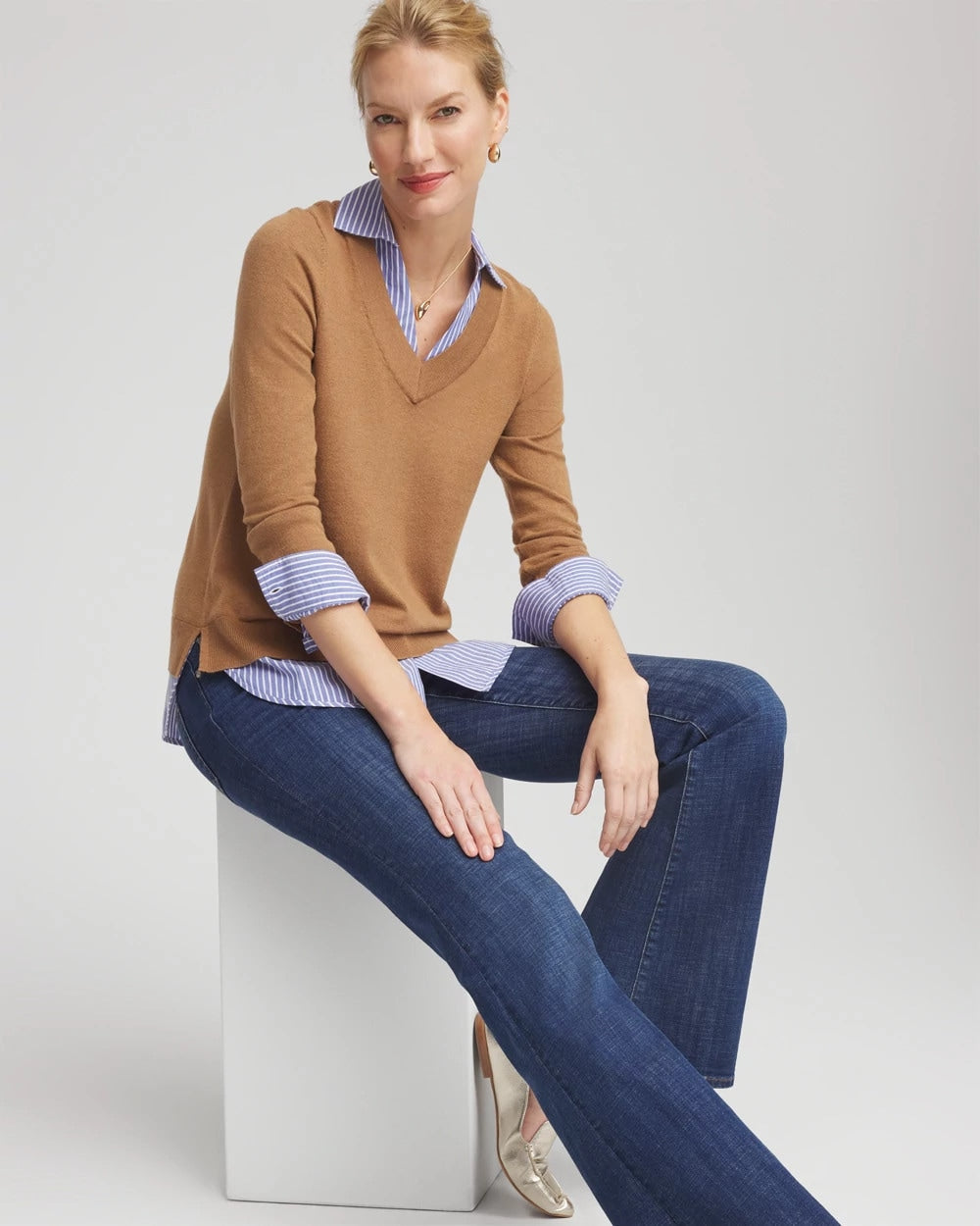 Chico's Top Pick - Camel Built-In Shirt Knit Sweater Caramel Apple Heather
