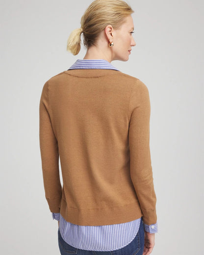 Chico's Top Pick - Camel Built-In Shirt Knit Sweater Caramel Apple Heather