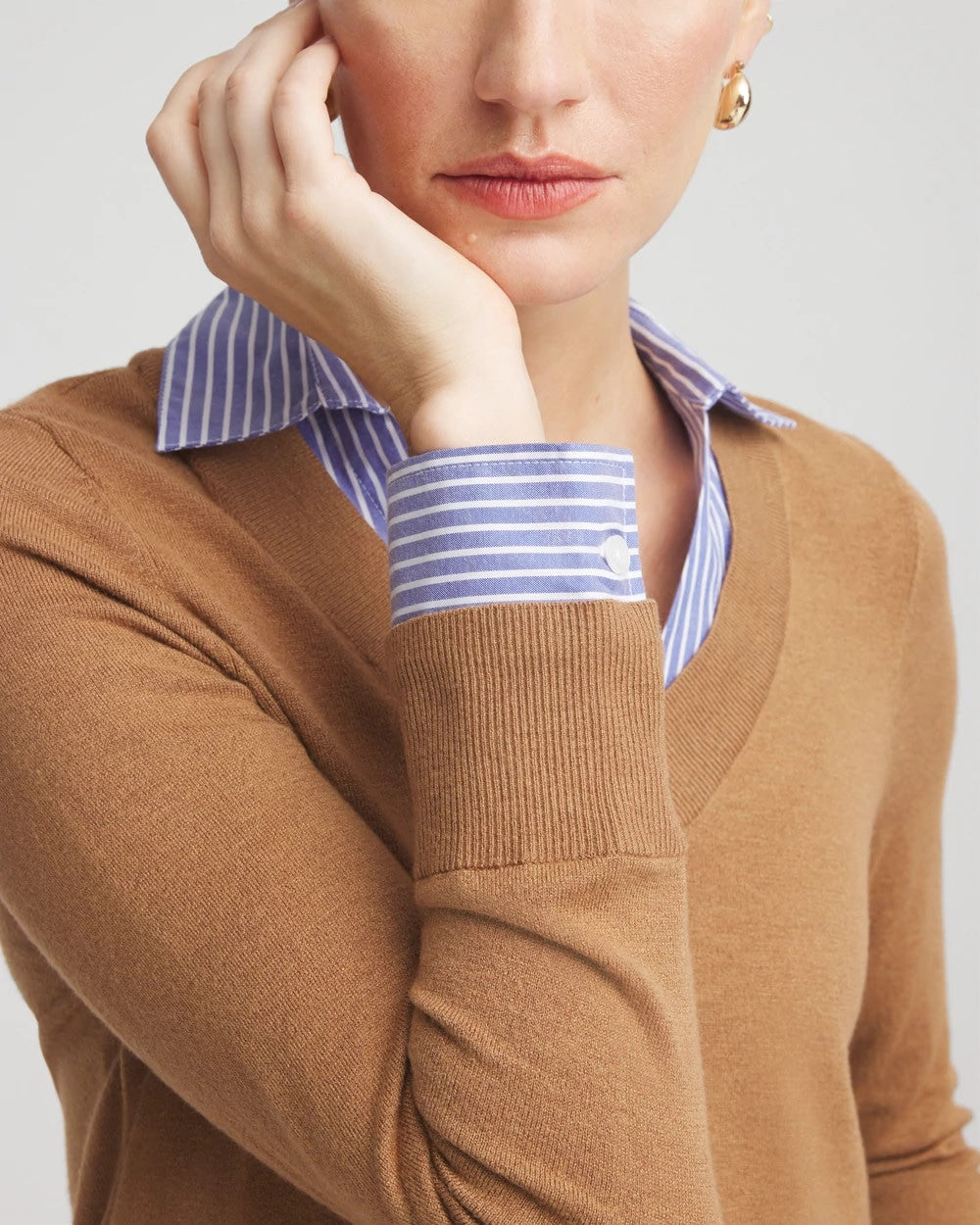 Chico's Top Pick - Camel Built-In Shirt Knit Sweater Caramel Apple Heather