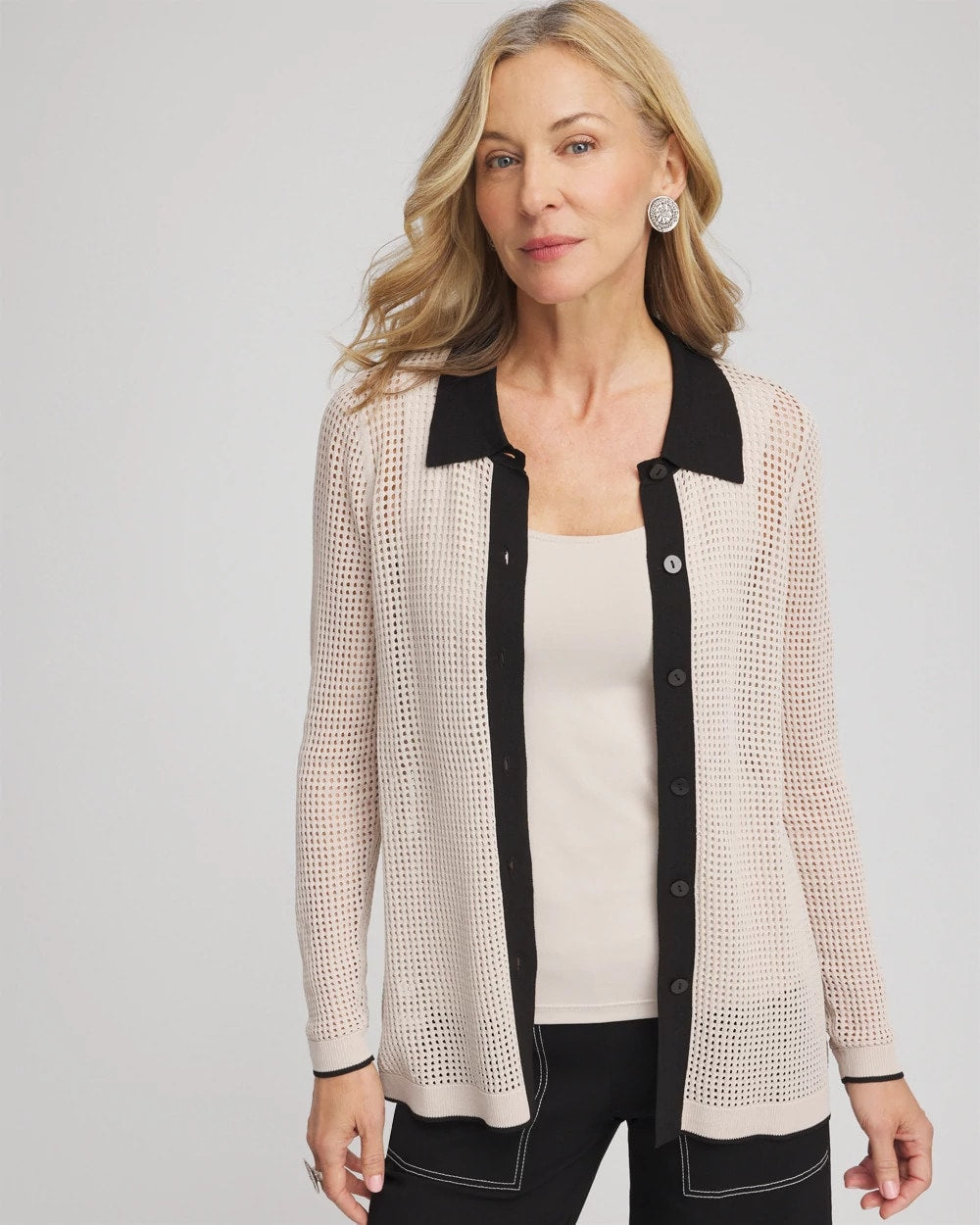 Chico's Great Value - Pointelle Polo Cardigan Smokey Taupe