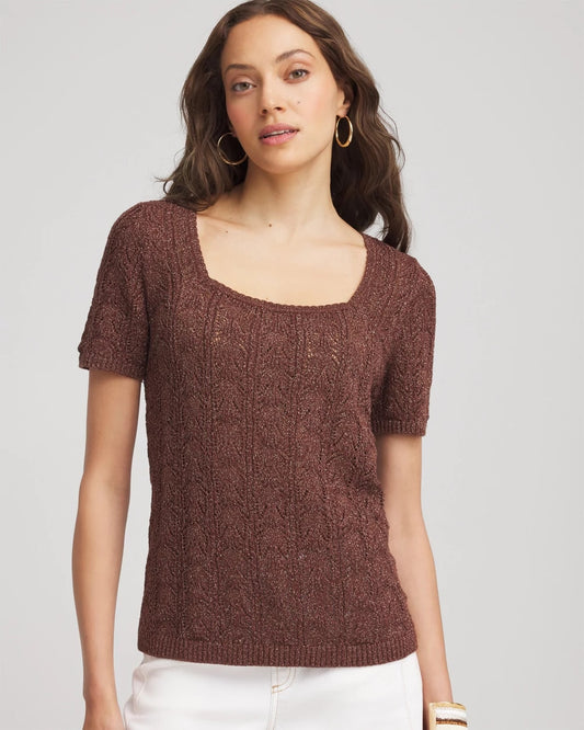Chico's Hot Sale - Pointelle Square-Neck Pullover Sweater Cacao
