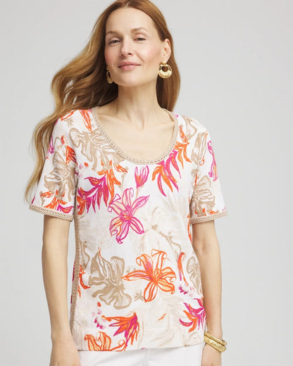 Chico's Value - Floral Print Crochet-Trim Pullover Sweater Alabaster