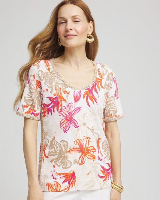 Chico's Value - Floral Print Crochet-Trim Pullover Sweater Alabaster