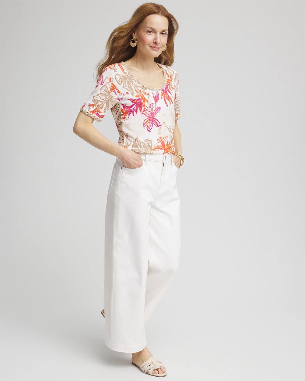 Chico's Value - Floral Print Crochet-Trim Pullover Sweater Alabaster