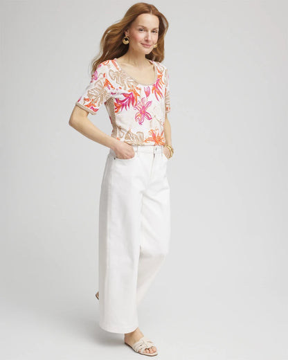 Chico's Value - Floral Print Crochet-Trim Pullover Sweater Alabaster