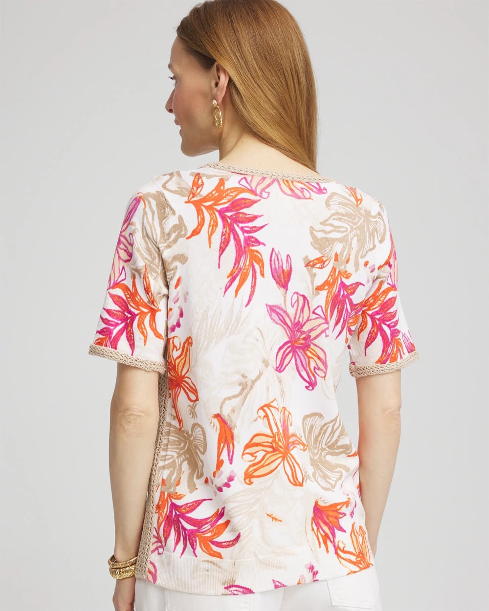 Chico's Value - Floral Print Crochet-Trim Pullover Sweater Alabaster