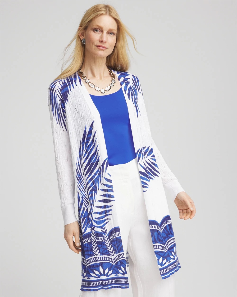 Chico's Signature - Island Motif Pointelle Long Cardigan Alabaster