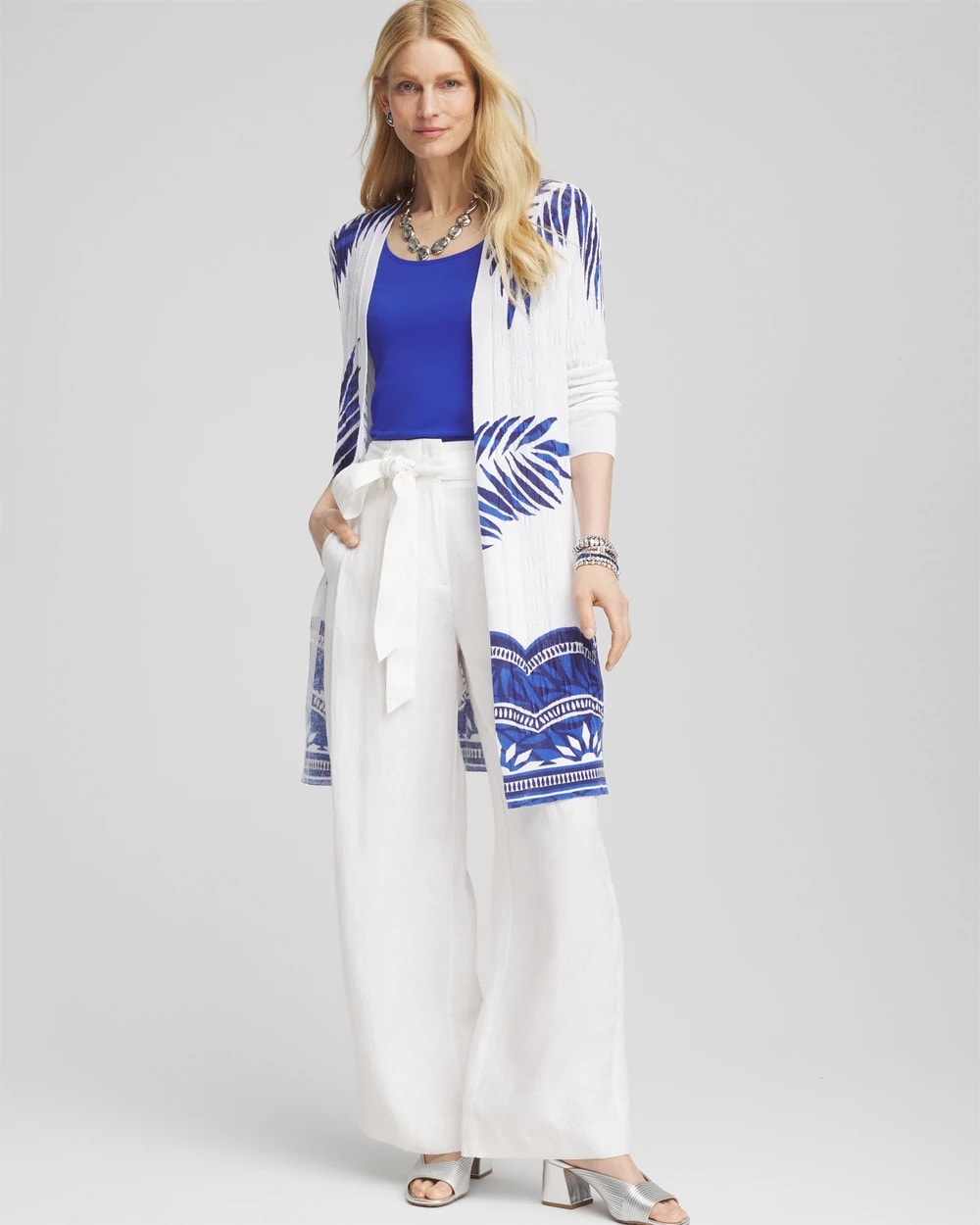 Chico's Signature - Island Motif Pointelle Long Cardigan Alabaster