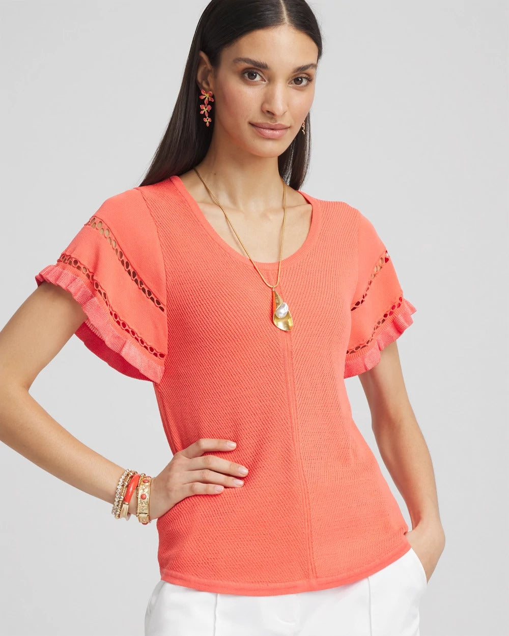 Chico's Top Pick - Cutout Short-Sleeved Pullover Sweater Melon Mambo