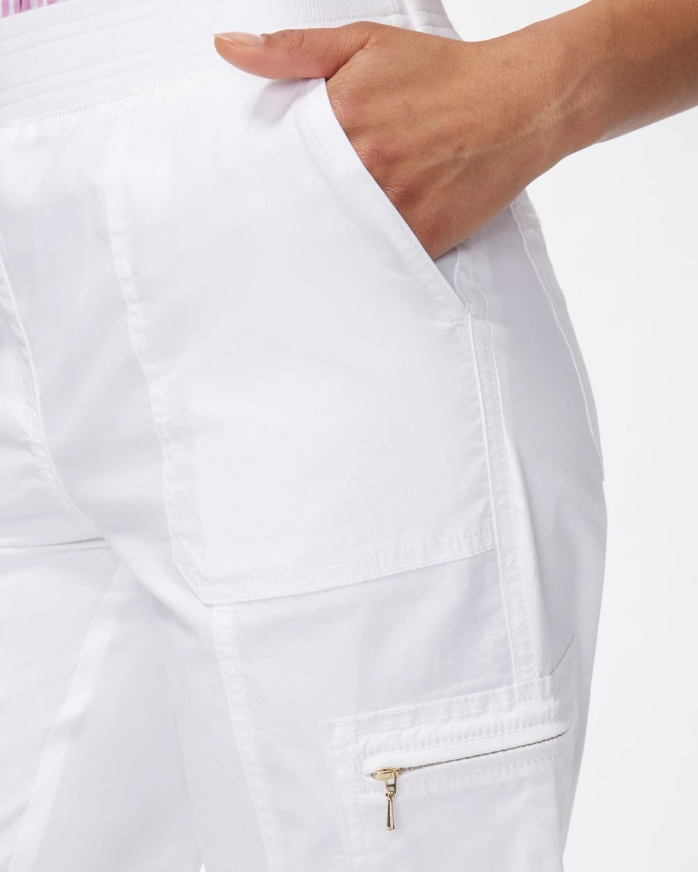 Chico's Classic - Alabaster Poplin Cropped Roll Tab Pants Alabaster