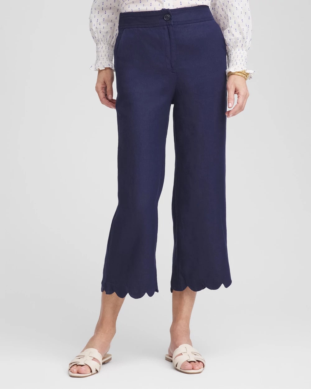Chico's Popular - Linen Scallop Hem Crop Pants Passport Blue