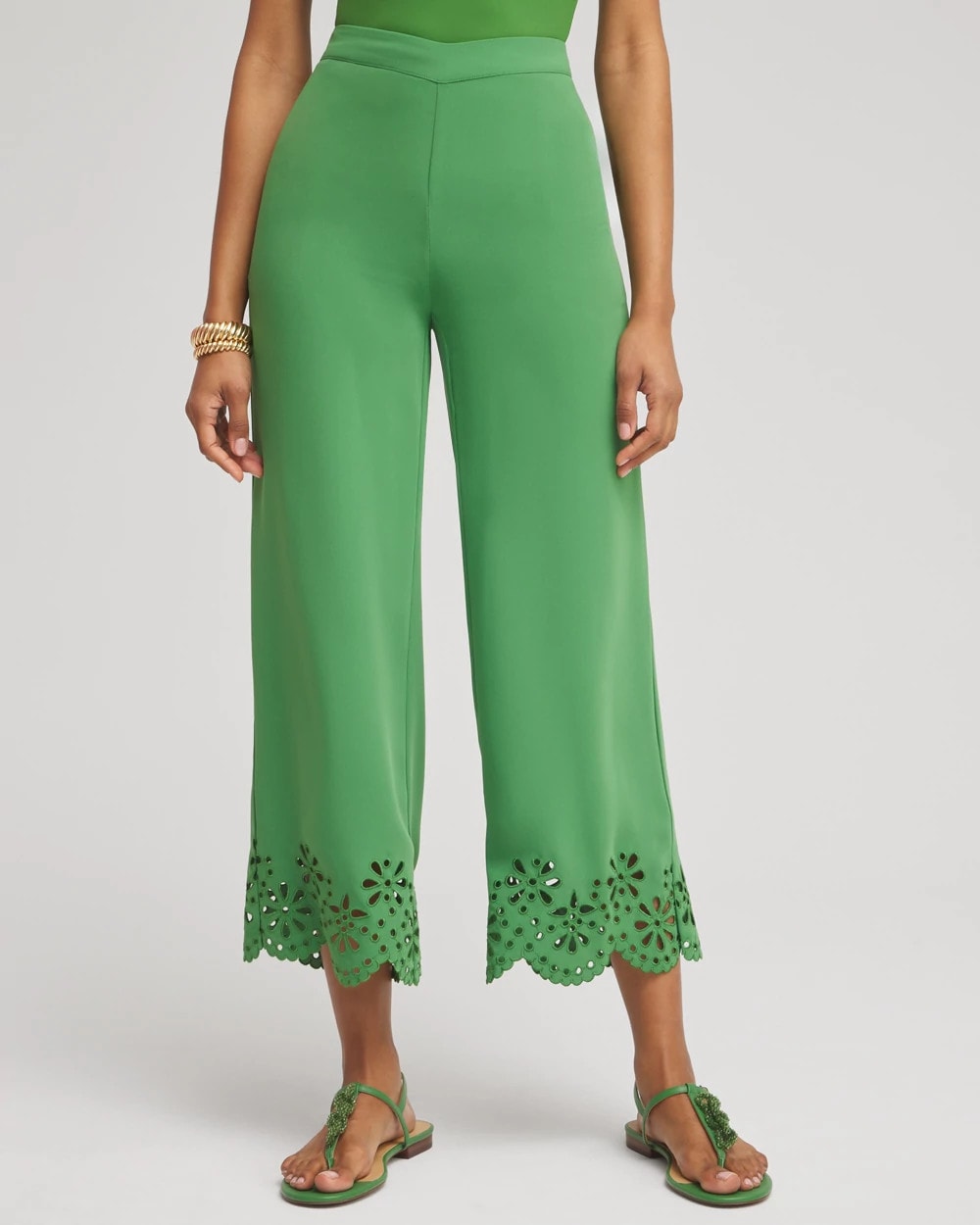 Chico's Trending - Petite Satin Eyelet Hem Culottes Verdant Green