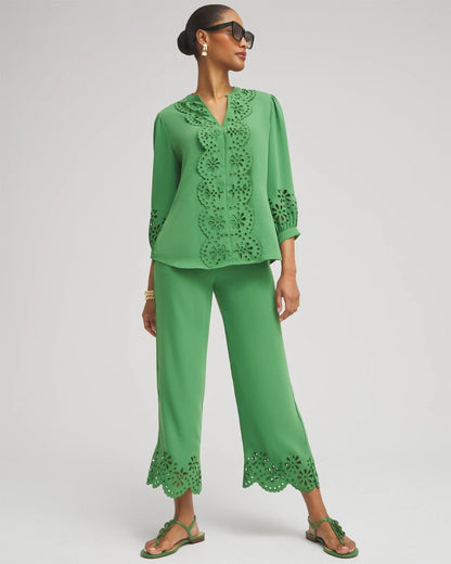 Chico's Trending - Petite Satin Eyelet Hem Culottes Verdant Green