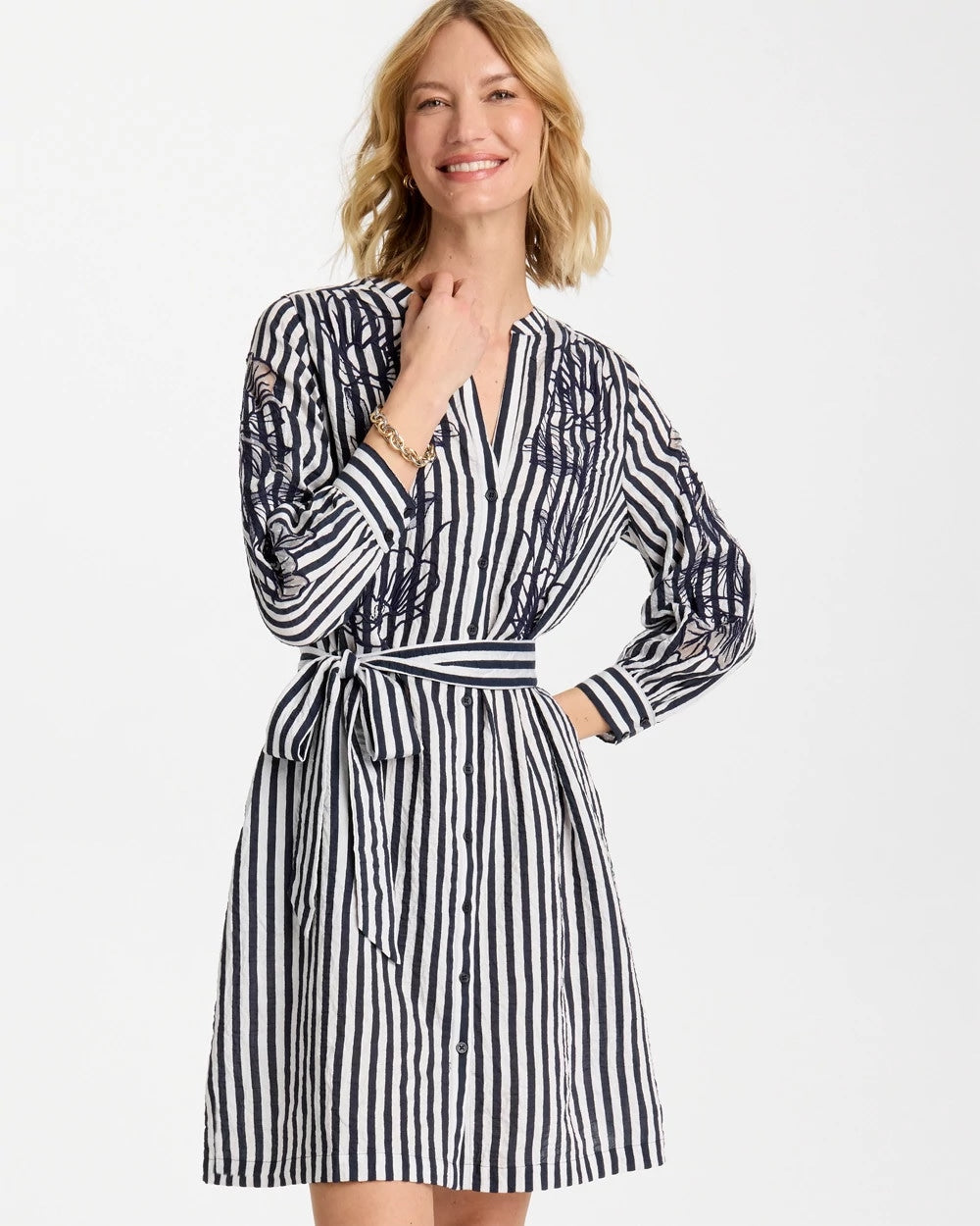 Chico's Premium - Embroidered Striped Dress Navy