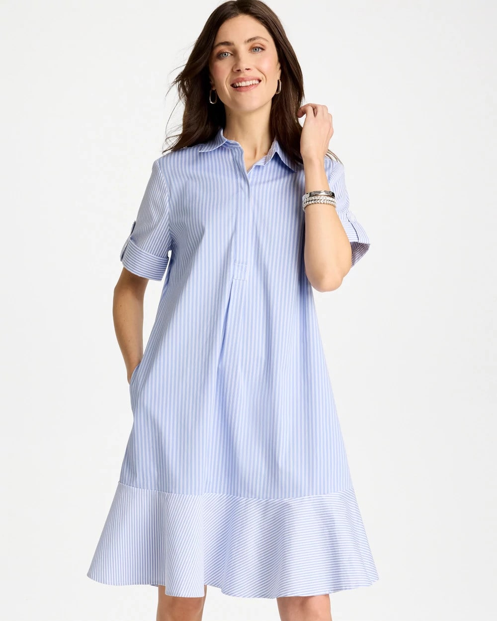 Chico's Discount - Popover Striped Tiered Poplin Dress Blue Orchid